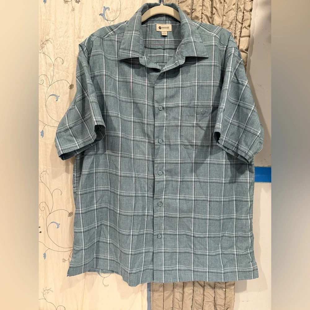 Haggar Teal Plaid Casual Button Down Shirt - Picture 4 of 8